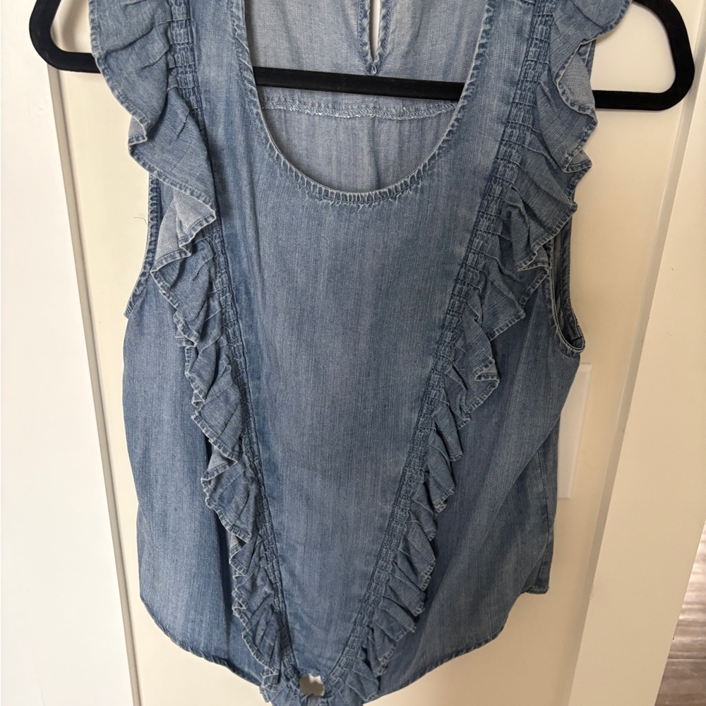 Tribal Light Blue Chambray Ruffle Neck Blouse